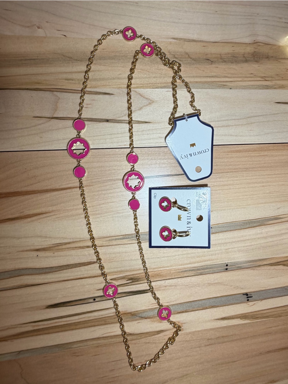 crown & ivy Pink Enamel and Gold-Tone Long Necklace with Matching Clip Earrings